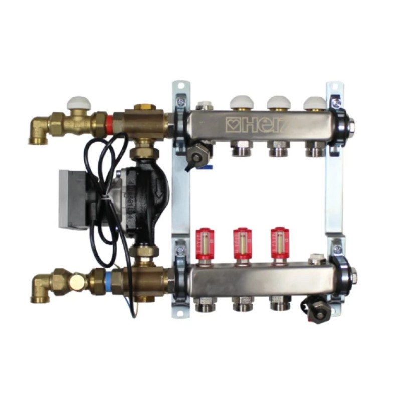 HERZ COMPACTFLOOR Light SK, исполнение с насосом с электронным управлением. 11 отводов. Готов к монтажу модуль регулировки систем напольного отопления, подключение снизу с отводом под углом 90°. 3E53331