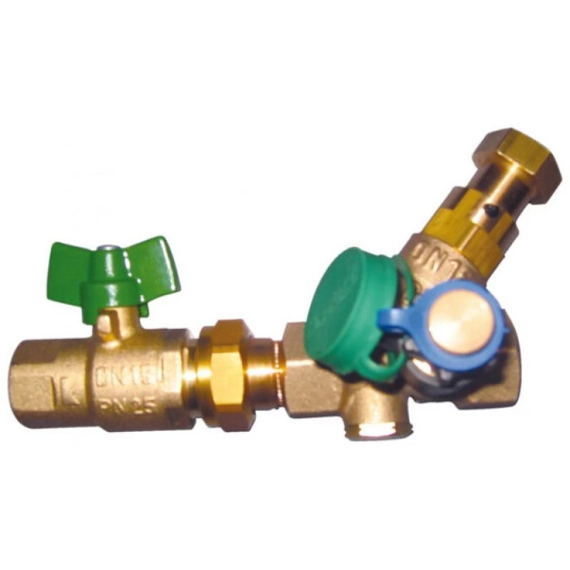 HERZ Ограничитель температуры воды циркуляционного контура с возможностью слива и измерения расхода, с шаровым краном. DN 15 2401041