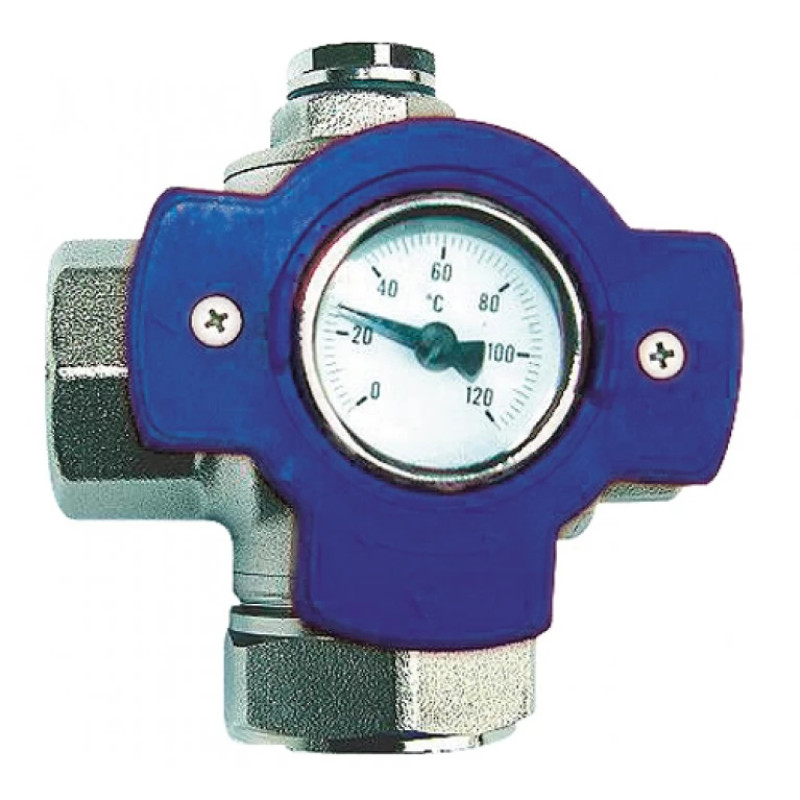 HERZ Кран кульовий чотирьохходовий мультифікаційний. Червоний маховик, з термометром 0-120 °С. Корпус з кованої латуні.DN 32 1241404