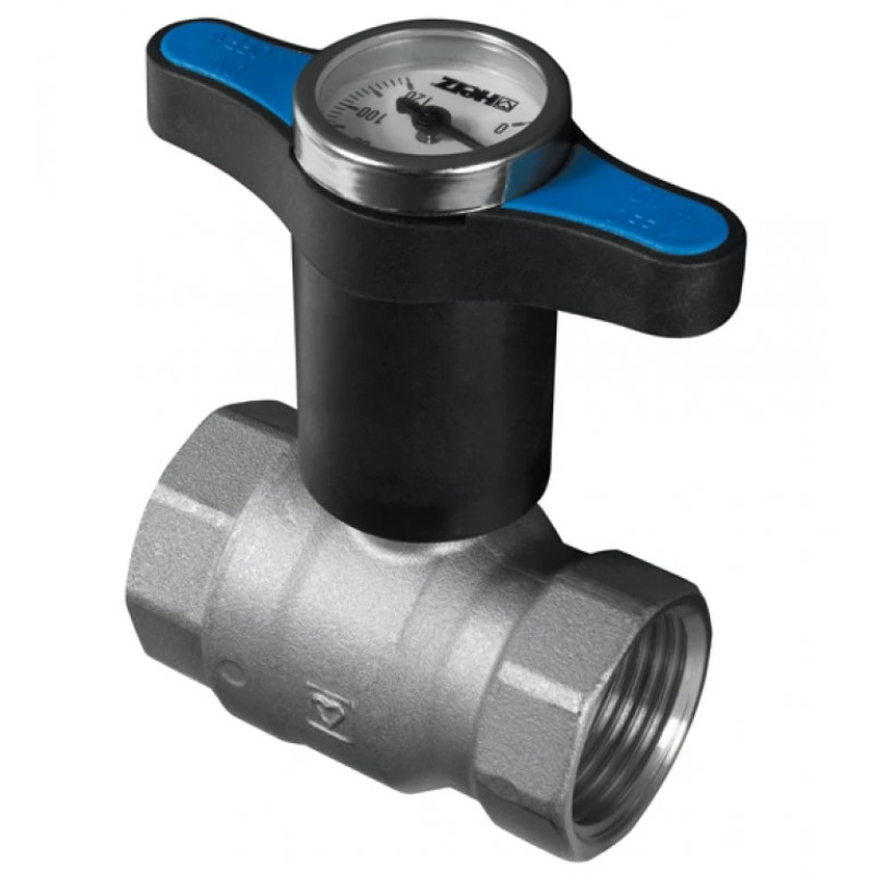 HERZ Кран шаровой с пластиковой рукояткой (синяя) с термометром , ВР-ВР, DN32 1220174