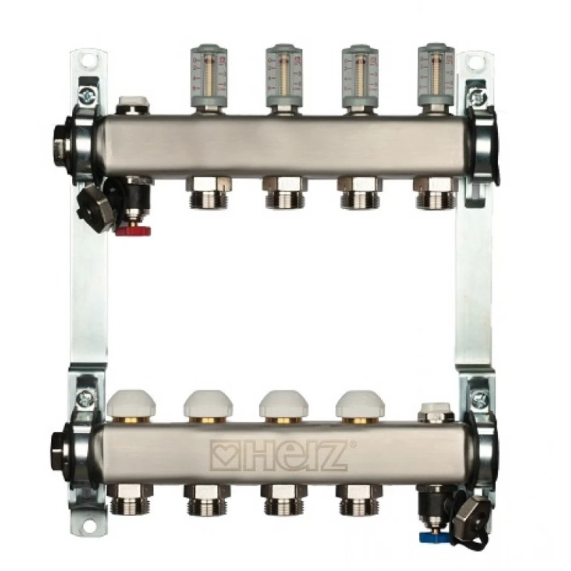Комплект штанговых распределителей, нержавеющая сталь, DN 25 (1") с расходомерами 6 л/мин и термостатическими (M 28 x 1,5) кран-буксами.10 отводов 1863310 Herz