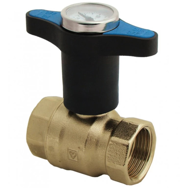 HERZ Кран шаровой ВР-ВР с пластиковой ручкой с термометром (синяя), PN=25. Корпус из кованой DZR латуни, согласно EN 12420., 1 1/4". 1220674