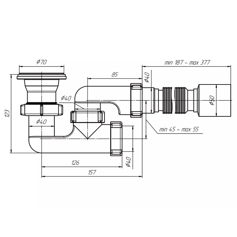 ANI-plast Сифон для душового піддону Е216 регульований 1 1/2" x 40 з гнучкою трубою 375 x 40/50