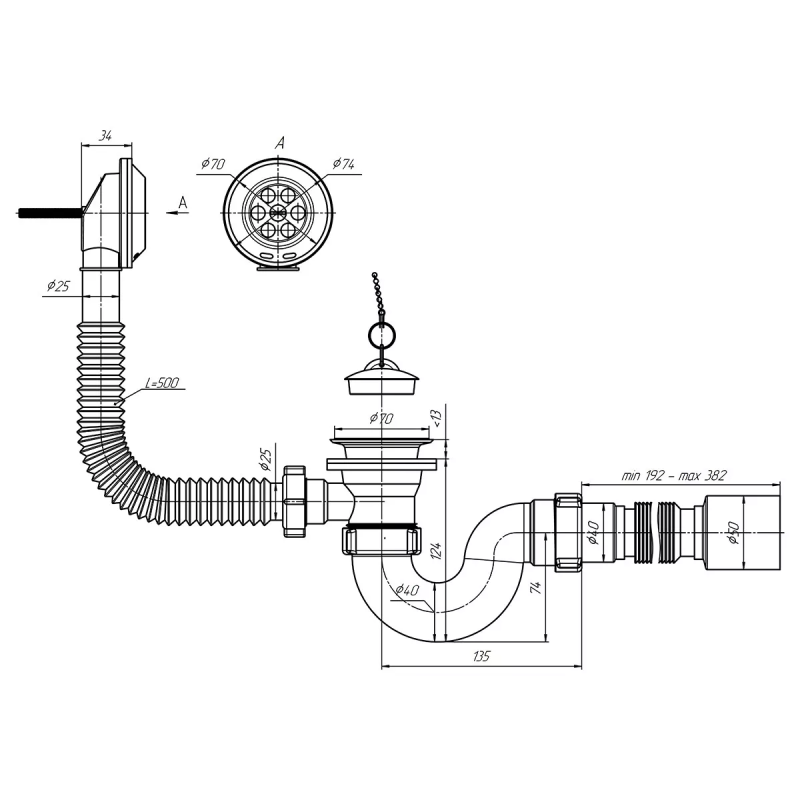 ANI-plast Сифон для ванни Е156 з випуском 1 1/2" з переливом, з гнучкою трубою 375 x 40/50
