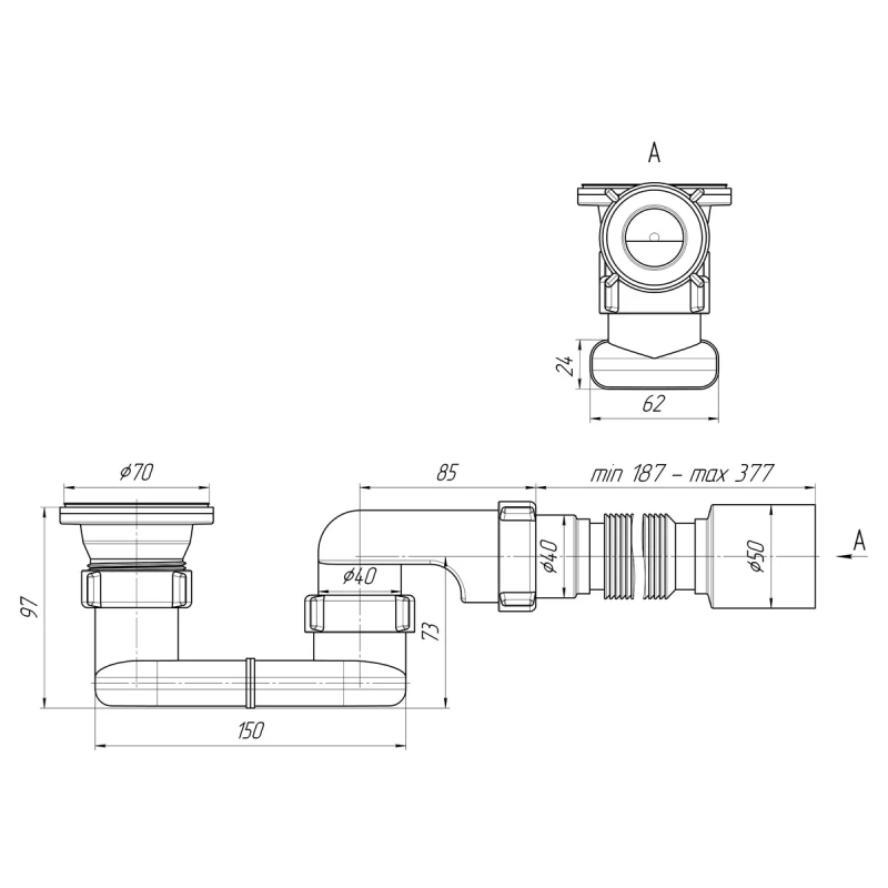 ANI-plast Сифон для душового піддону E016 плоский 1 1/2" з гнучкою трубою 40/50 - 375 мм