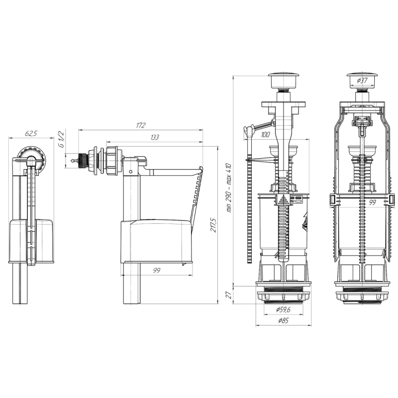 ANI-plast Набір для бачка унітазу WC6050M з боковим підведенням G1/2", з пластиковим штуцером, кнопка метал, хром