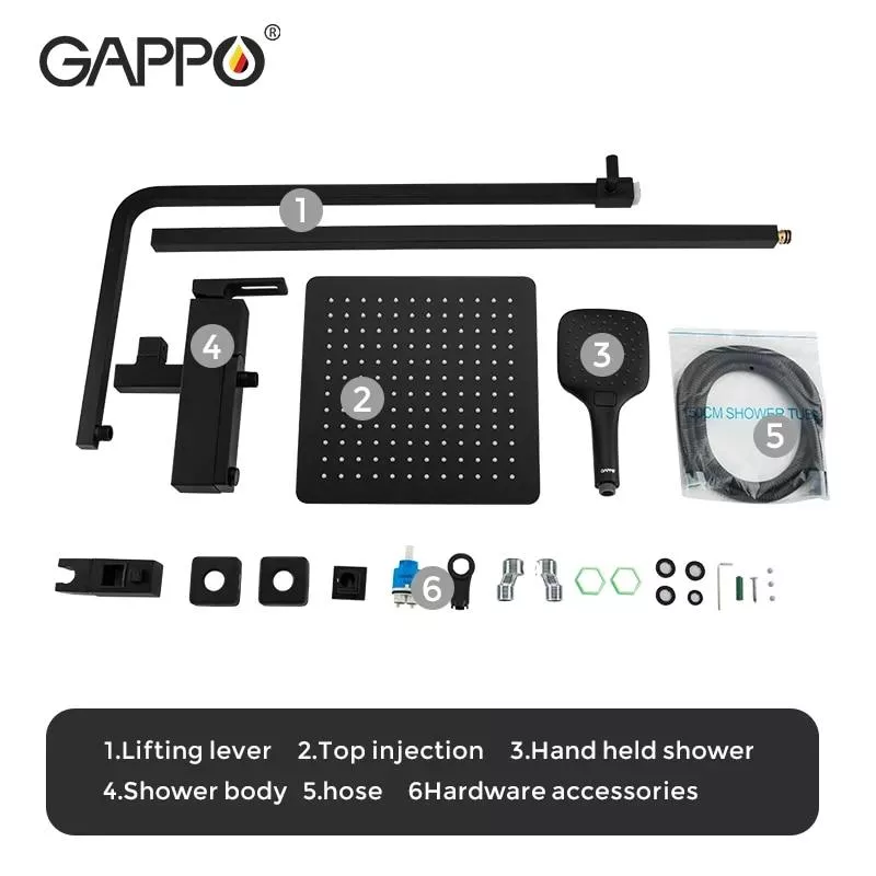 GAPPO Душова система G2417-6, вилив - перемикач на лійку, чорний