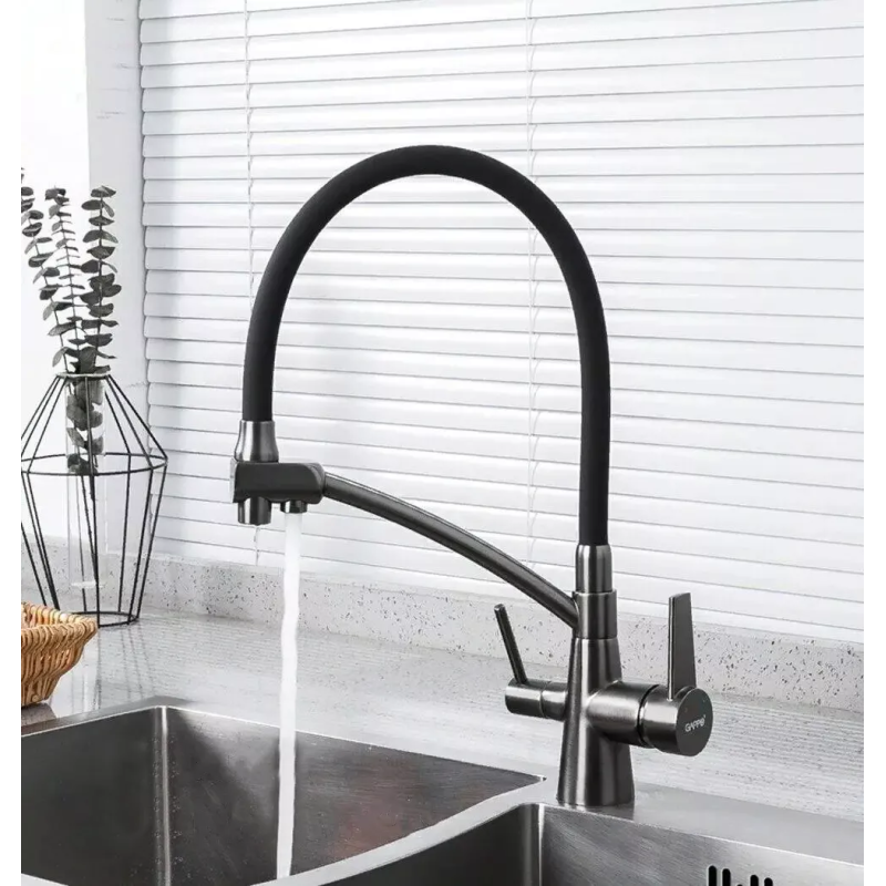 GAPPO Змішувач для кухні на дві води G4398-19 з гнучким виливом, збройова сталь