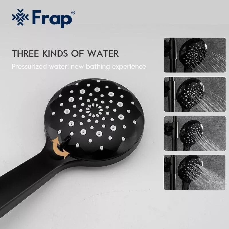 Frap Душова система F2449-6, поворотний вилив - перемикач на лійку, 3 режими, чорний/хром
