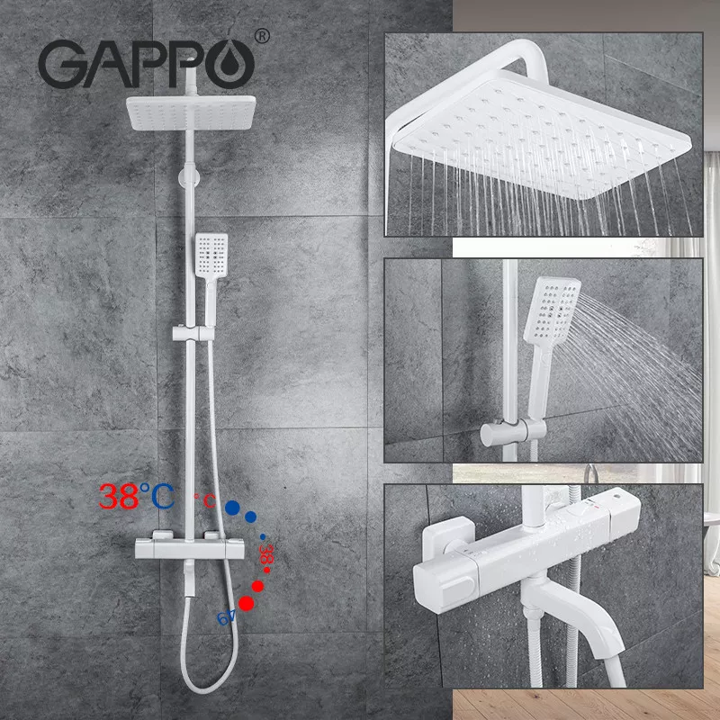 GAPPO Душова система з термостатом G2491-8, вилив - перемикач на лійку, білий