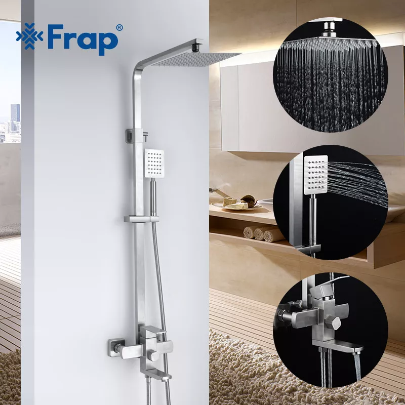 Frap Душова система F2421, поворотний вилив - перемикач на лійку, 1 режим, нержавіюча сталь