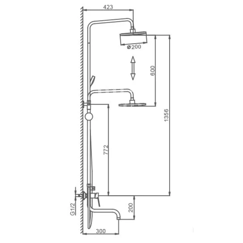 Frap Душова система F2429, вилив - перемикач на лійку, 5 режимів, чорний