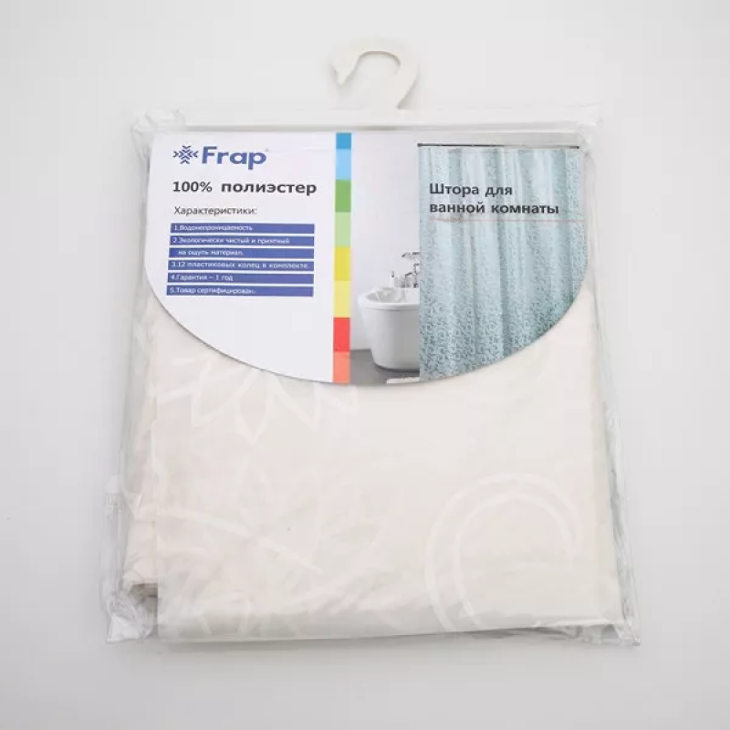 Frap Шторка - фіранка для ванної F8805, поліетилен, 180х180 см, білий/сірий