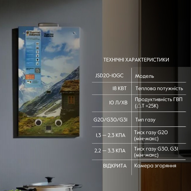 Thermo Alliance Колонка газовая дымоходная JSD20-10GC 10 л панель стеклянная с рисунком горы (JSD2010GCMOUNTAINSGLASS)