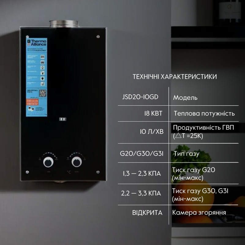 Thermo Alliance Колонка газовая дымоходная JSD20-10GD 10 л панель стеклянная Black (JSD2010GDBLACKGLASS)