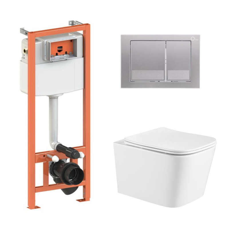 Qtap Комплект: Crow Ultra Quiet унітаз підвісний QT05335171W + Nest комплект інсталяції 4в1 (квадратна клавіша Satin) QT0133M425 + M06029SAT