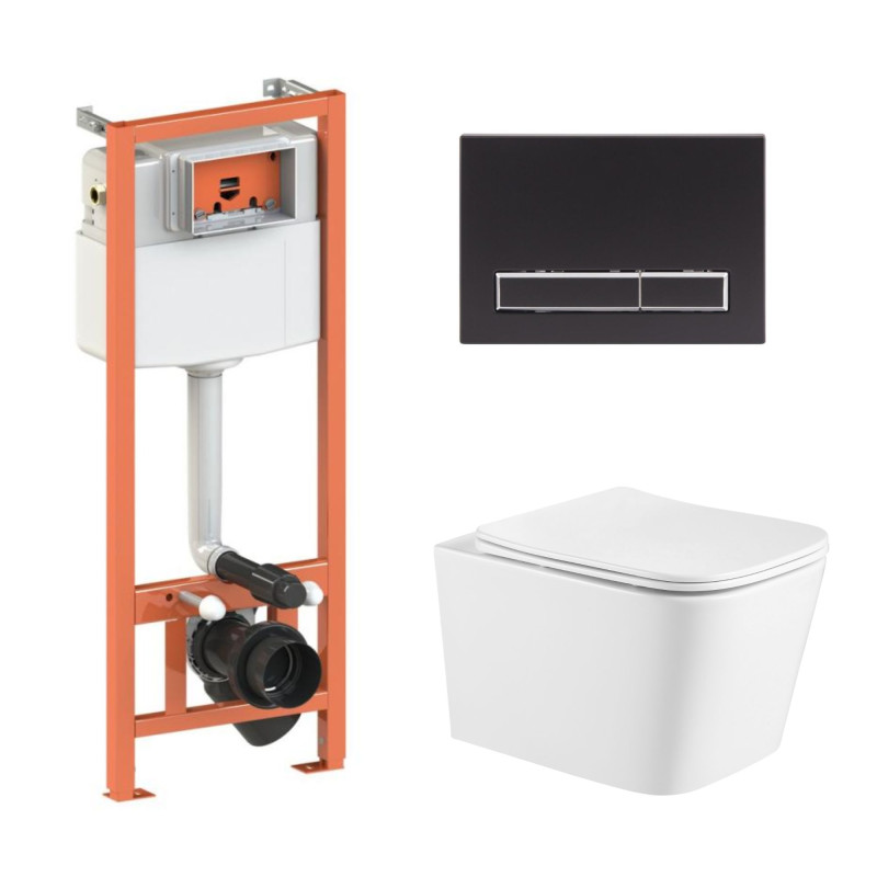 Qtap Комплект: Crow Ultra Quiet унітаз підвісний QT05335171W + Nest комплект інсталяції 4в1 (лінійна клавіша Black mat) QT0133M425 + M08V1091MB