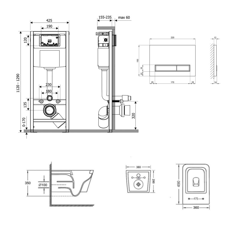 Qtap Комплект: Crow Ultra Quiet унітаз підвісний QT05335171W + Nest комплект інсталяції 4в1 (лінійна клавіша Black mat) QT0133M425 + M08V1091MB