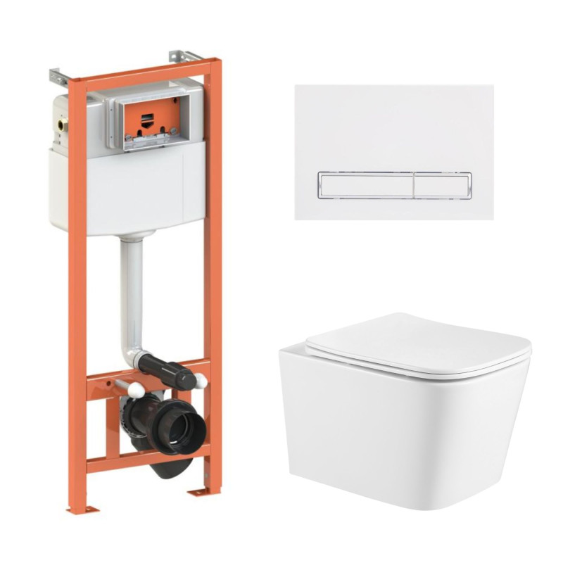 Qtap Комплект: Crow Ultra Quiet унітаз підвісний QT05335171W + Nest комплект інсталяції 4в1 (лінійна клавіша White) QT0133M425 + M08V1384W