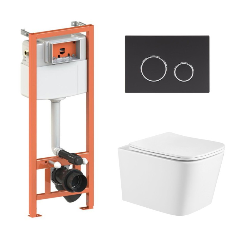 Qtap Комплект: Crow Ultra Quiet унітаз підвісний QT05335171W + Nest комплект інсталяції 4в1 (кругла клавіша Black mat) QT0133M425 + M11V1146MB