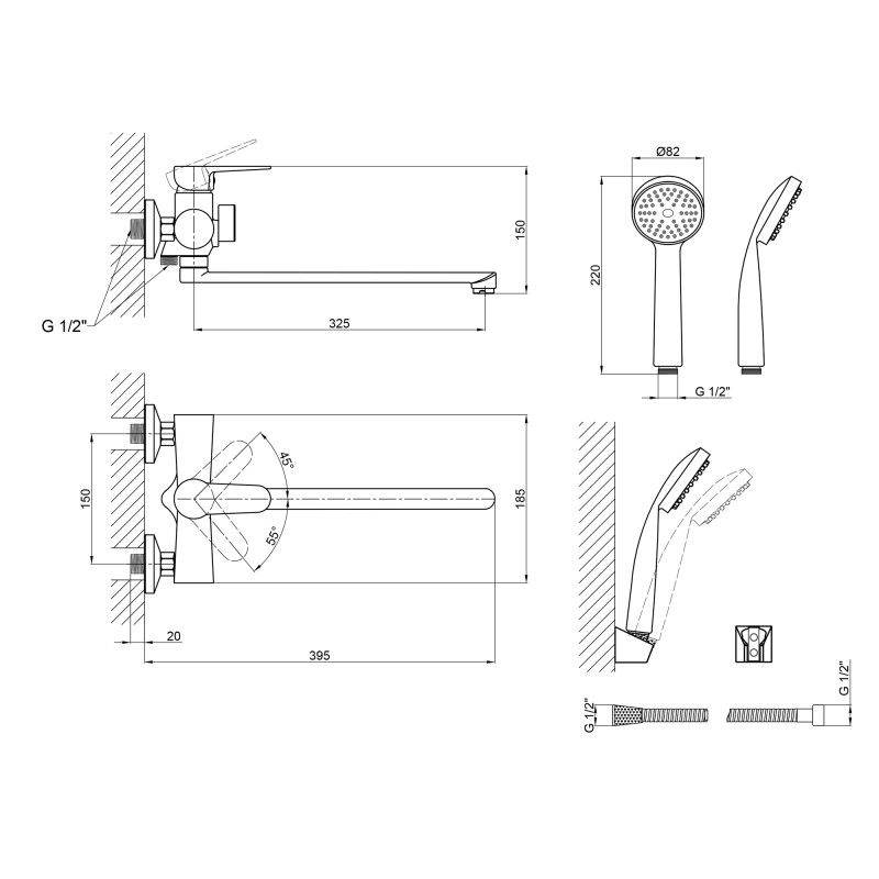 Lidz Змішувач для ванни Nicole 005 з поворотним виливом (з душовим гарнітуром) (k35) LDNIC005BLA45183 Black