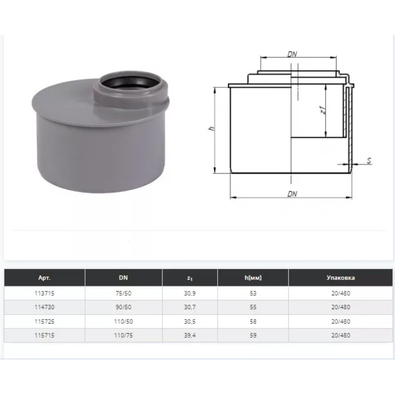 Ostendorf Перехід ексцентричний d=110/75 мм Сірий (15230)