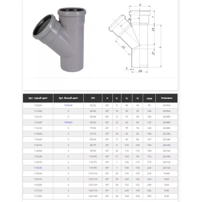 Ostendorf Трійник редукційний d=75 - 50 мм, кут=45 ° Сірий (12120)