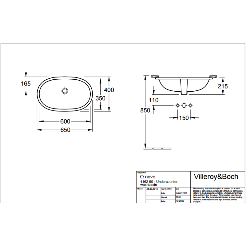 VILLEROY & BOCH 41626001 O.NOVO Раковина під стільницю