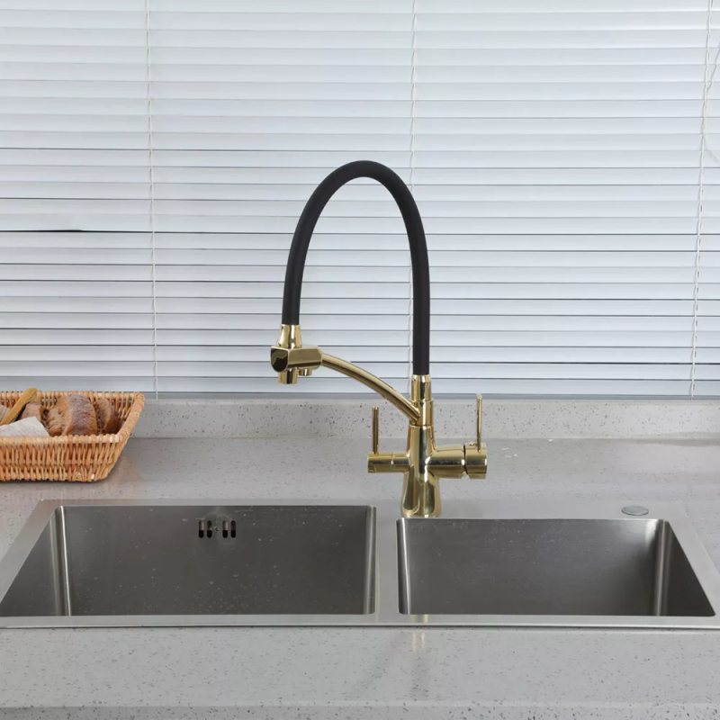 GAPPO Змішувач для кухні з підключенням фільтра питної води G4398-13, гнучкий вилив, золото/чорний