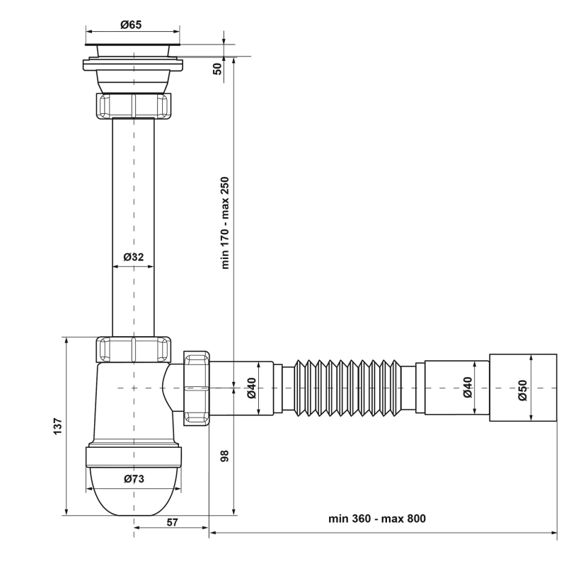 Kronoplast Сифон для умивальника  1 1/2" з різьбовим випуском і гофротрубою 40х40/50 (ST18080043)