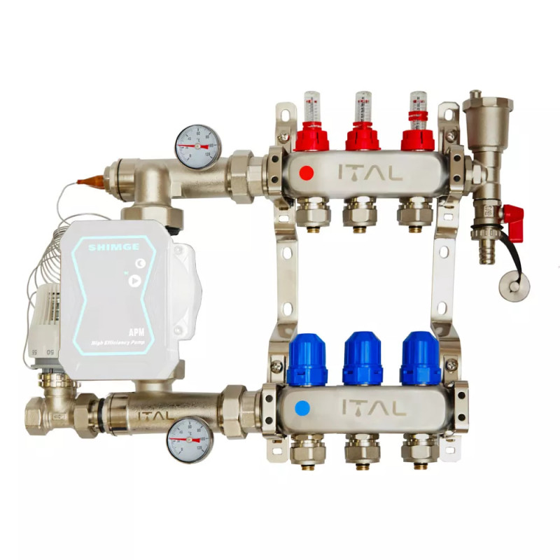 Комплект колектора з витратомірами ITAL UHW-B03, нержавіюча сталь, підкл. кутове