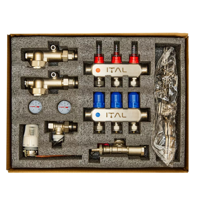 Комплект колектора з витратомірами ITAL UHW-B03, нержавіюча сталь, підкл. кутове