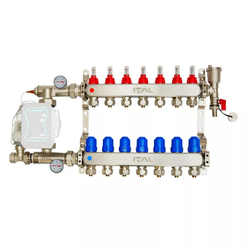 Комплект колектора з витратомірами ITAL UHW-B07, нержавіюча сталь, підкл. кутове