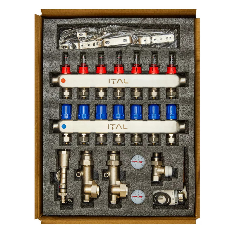 Комплект колектора з витратомірами ITAL UHW-B07, нержавіюча сталь, підкл. кутове