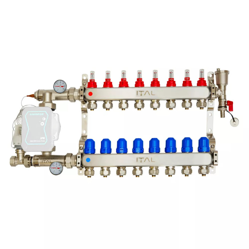Комплект колектора з витратомірами ITAL UHW-B08, нержавіюча сталь, підкл. кутове