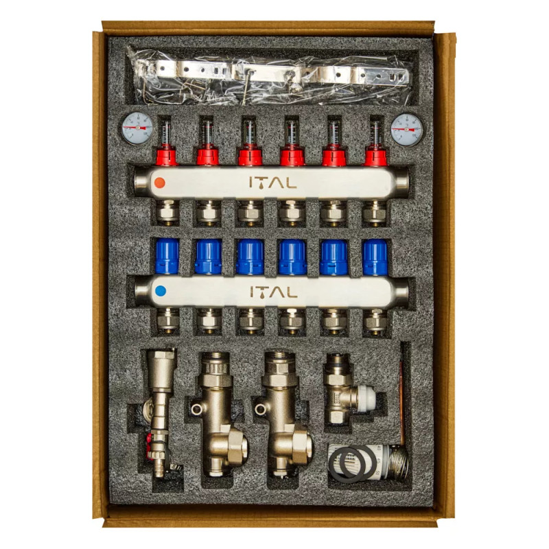 Комплект колектора з витратомірами ITAL UHW-A06, нержавіюча сталь, підкл. пряме
