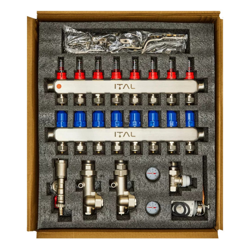 Комплект колектора з витратомірами ITAL UHW-A08, нержавіюча сталь, підкл. пряме