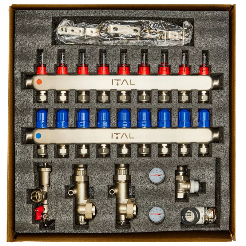 Комплект колектора з витратомірами ITAL UHW-A09, нержавіюча сталь, підкл. пряме