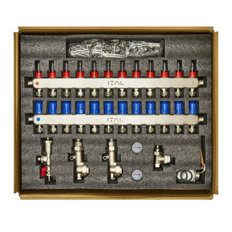 Комплект колектора з витратомірами ITAL UHW-A012, нержавіюча сталь, підкл. пряме