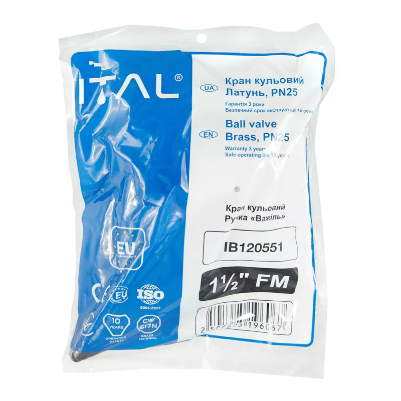 ITAL Кран кульовий PN25 1 1/2" вн.-зов., ручка, нікель