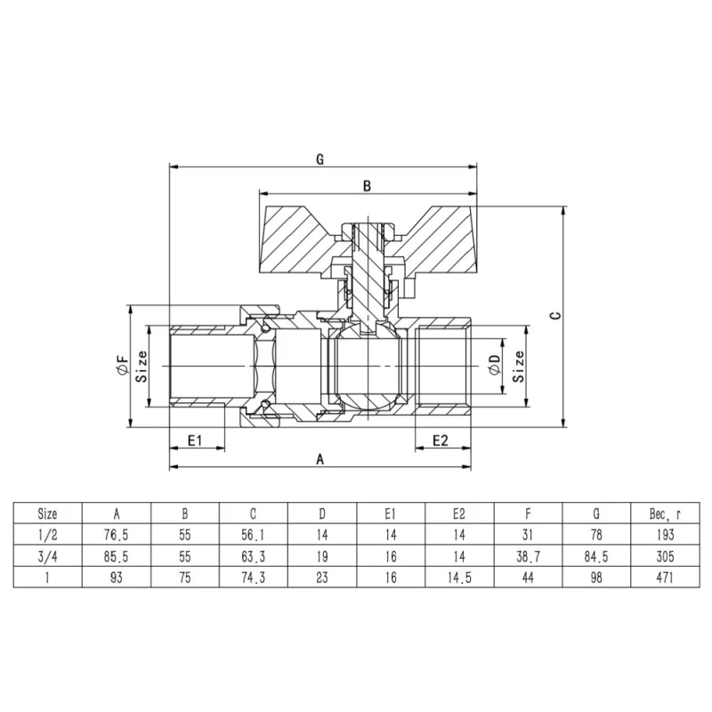 ITAL Кран кульовий з напівзгоном PN40 3/4", прямий, нікель