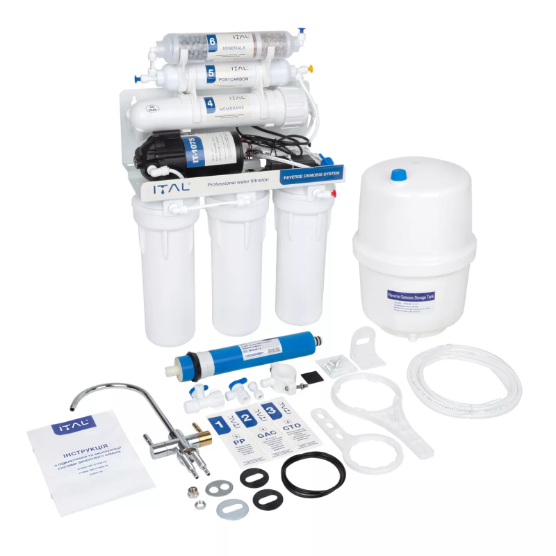 ITAL Фільтр зворотного осмосу  RO6-75P, мінералізатор, шестиступенева система очищення, помпа (IT-RO6-75P)