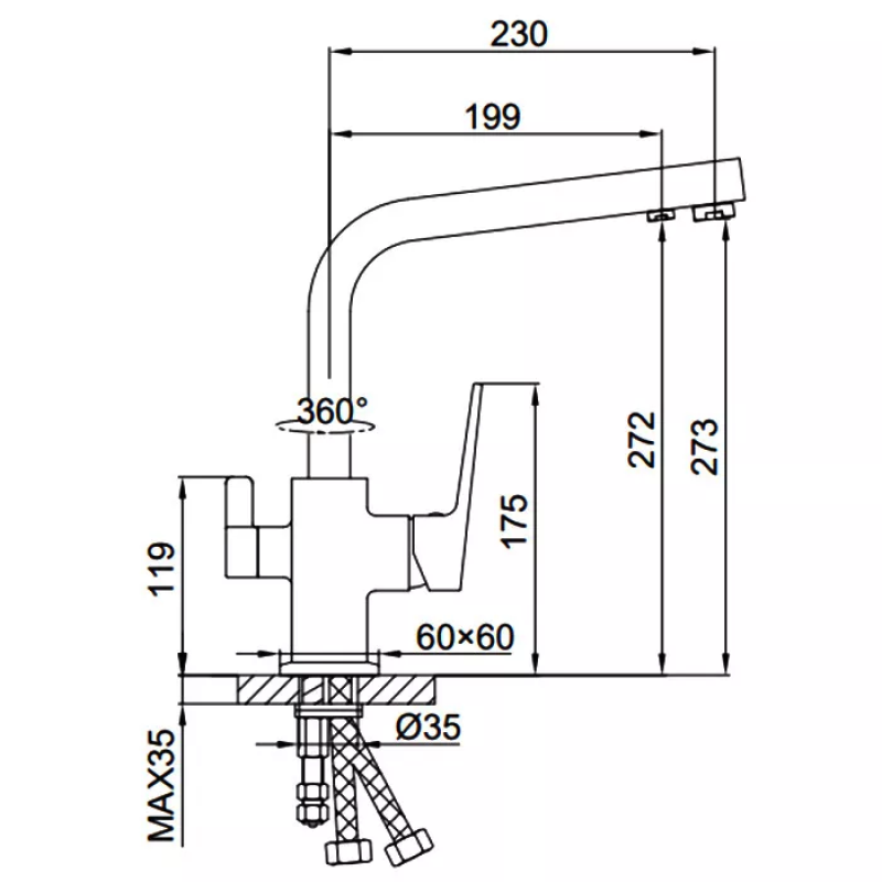 FAOP Змішувач для кухні з підключенням фільтра питної води A4309-6, чорний