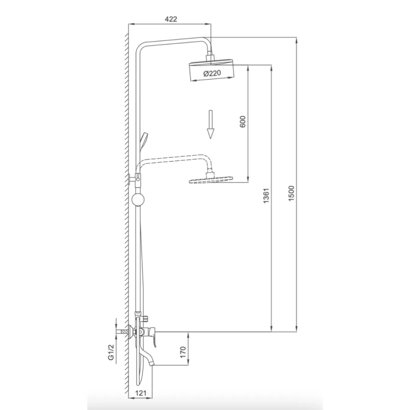 FRUD Душова система R24154, поворотний вилив - перемикач на лійку/душ, 3 режими, хром