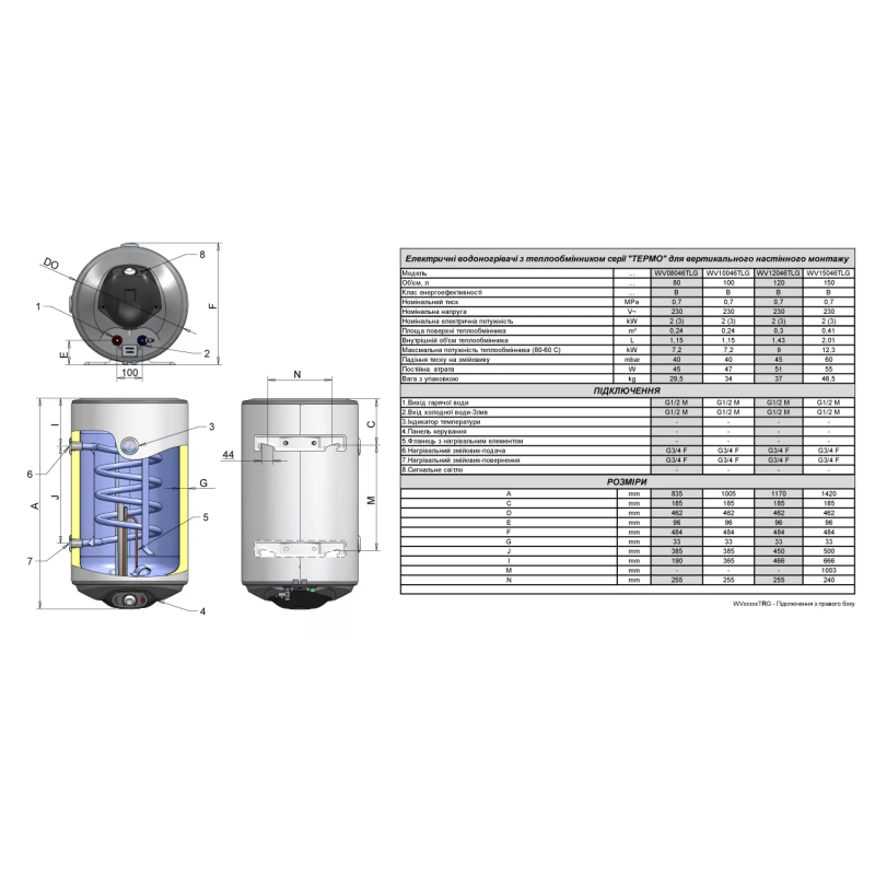 GALANTA Водонагреватель (бойлер) Combi 120L лівий 2.0 кВт, мокрий тен (WV12046TLG)