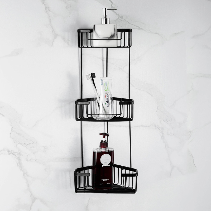 Frap Полиця кутова F351-26, триярусна з гачками, нержавіюча сталь, чорний