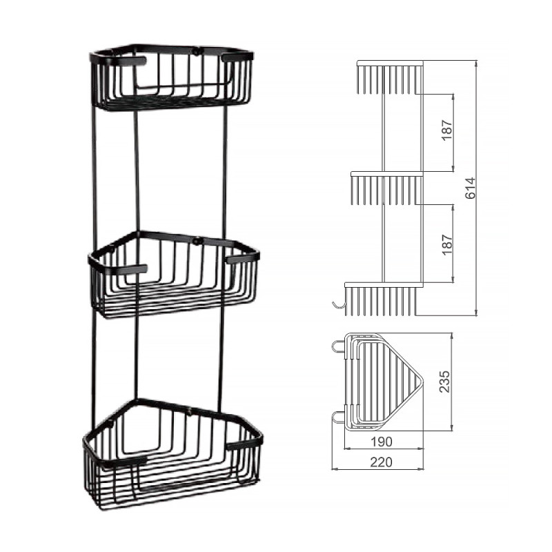 Frap Полиця кутова F351-26, триярусна з гачками, нержавіюча сталь, чорний