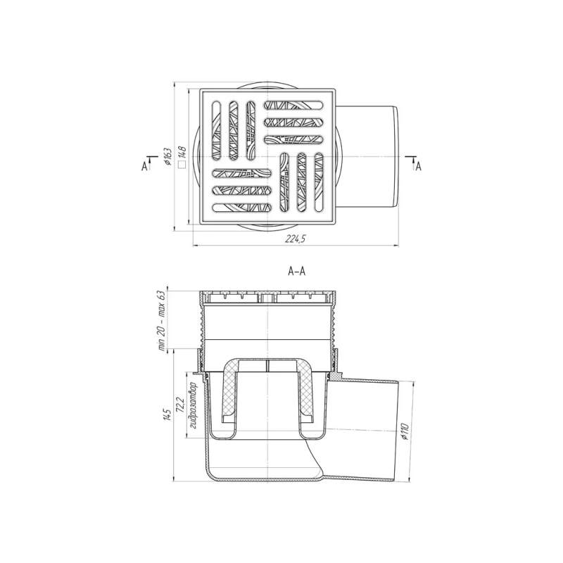 Трап горизонтальный ANI-plast TA1610 Ø110/90° регулируемый 150х150 мм. (TA 1610)