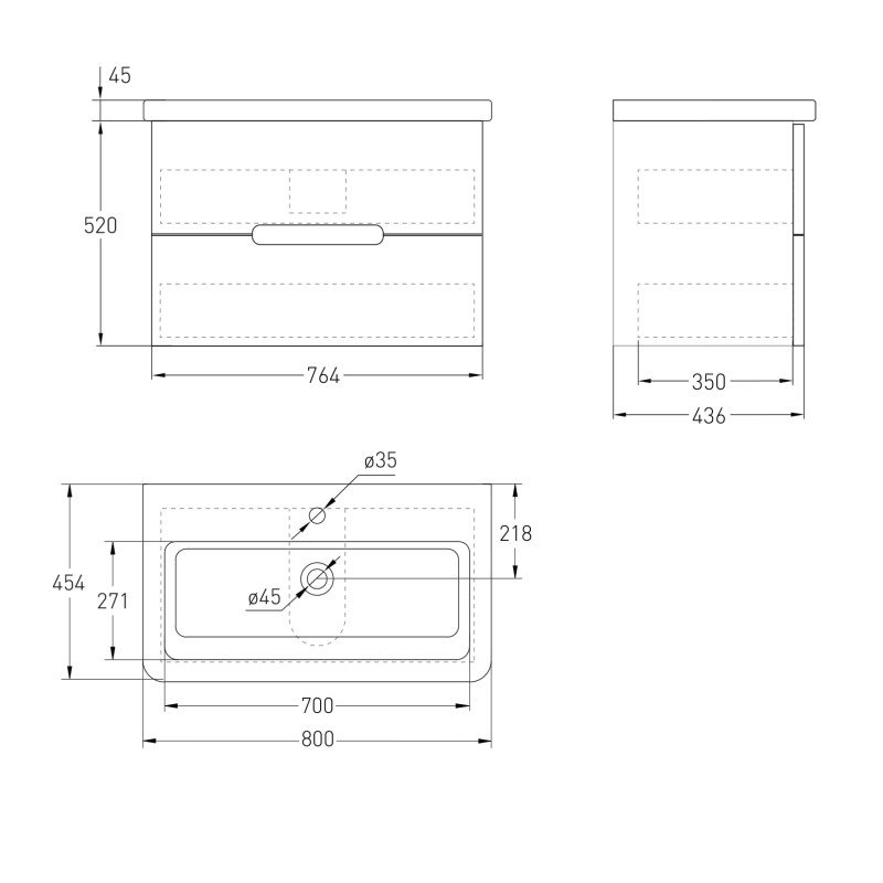 VOLLE SOLO комплект мебели 80см blanco: тумба подвесная, 2 ящика + умывальник накладной арт 13-16-018, (1910.308007)