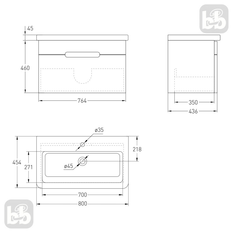 VOLLE SOLO комплект меблів 80см blanco: тумба підвісна, 1 ящик + умивальник накладний арт 13-16-018, (1910.328007)